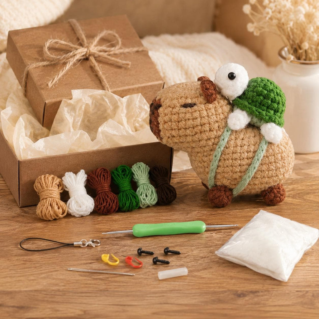 Crochet Capybara Kit With Turtle Backpack | Amigurumi Craft Project, Beginner Friendly